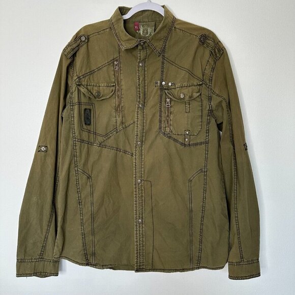 Fusai Mens Jeans Long Roll tab Sleeve Snap Button Green Pocket Shirt Size XL - Picture 1 of 16